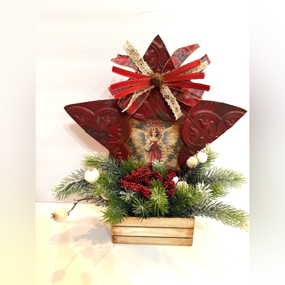 New OOAK Primitive Country Red Star Christmas Angel Arrangement Holiday Decor